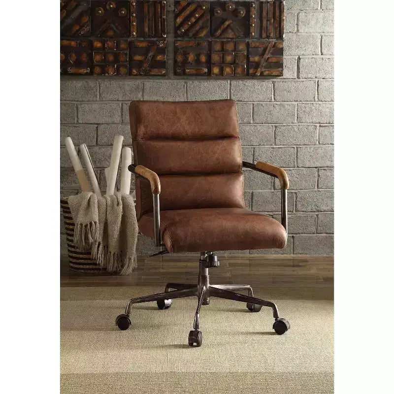 Okak Top Grain Leather Desk Chair, Executive Office Chair with Wooden Armrests and Metal Frame, Stylish Comfy Chair for Home, Office