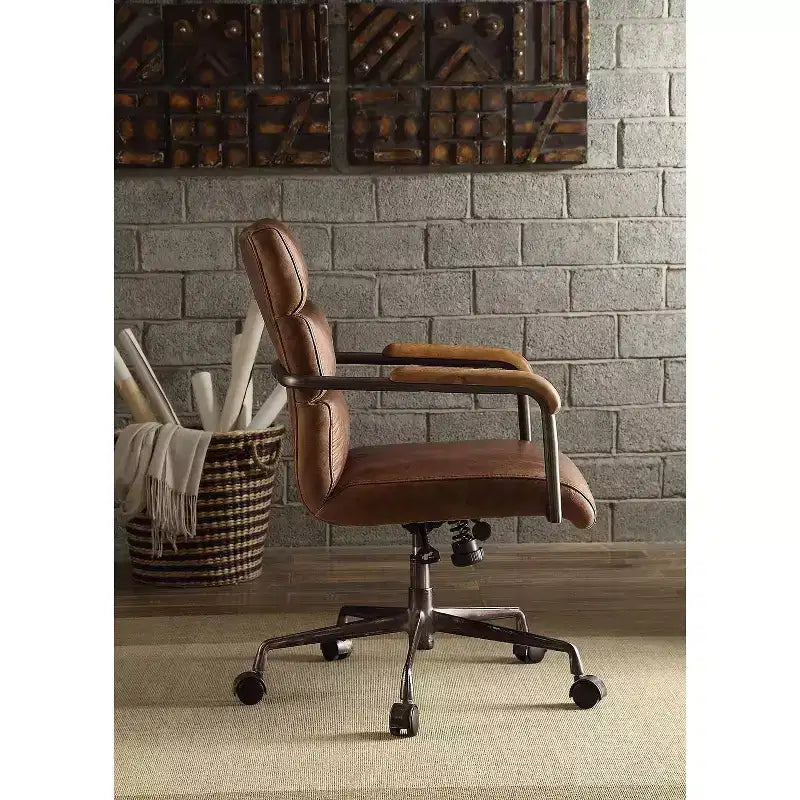 Okak Top Grain Leather Desk Chair, Executive Office Chair with Wooden Armrests and Metal Frame, Stylish Comfy Chair for Home, Office
