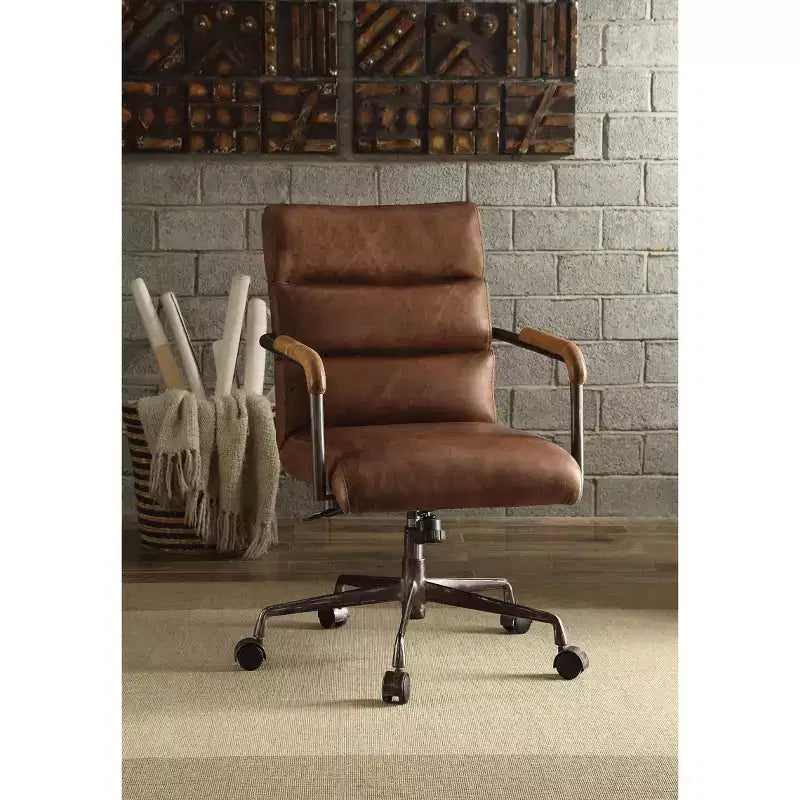 Okak Top Grain Leather Desk Chair, Executive Office Chair with Wooden Armrests and Metal Frame, Stylish Comfy Chair for Home, Office