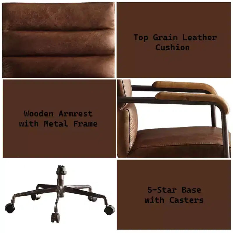 Okak Top Grain Leather Desk Chair, Executive Office Chair with Wooden Armrests and Metal Frame, Stylish Comfy Chair for Home, Office