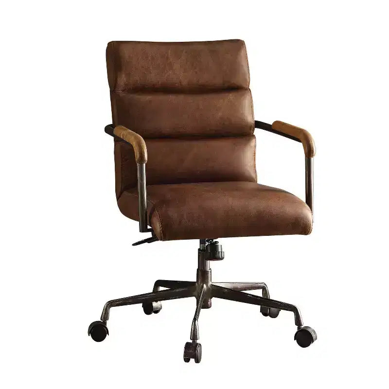 Sedia da scrivania Okak in pelle pieno fiore, sedia direzionale con braccioli in legno e struttura in metallo, sedia elegante e confortevole per casa e ufficio