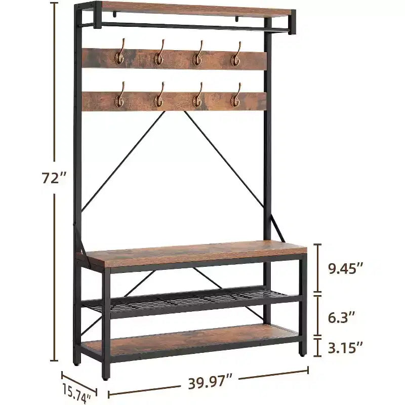 Appendiabiti Panca Scarpiera 183 cm di Altezza, Scarpiera da Ingresso con Scaffale Contenitore e Ganci, Mobiletto Industriale Rimovibile con Cornice in Metallo per la Casa