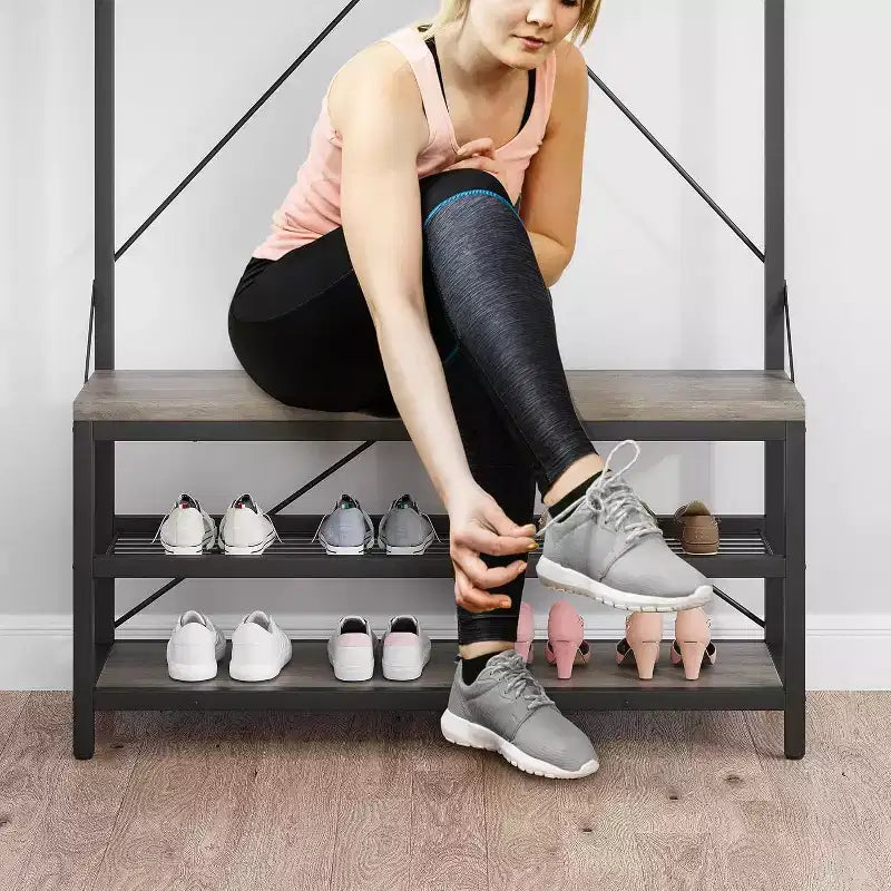 Appendiabiti Panca Scarpiera 183 cm di Altezza, Scarpiera da Ingresso con Scaffale Contenitore e Ganci, Mobiletto Industriale Rimovibile con Cornice in Metallo per la Casa