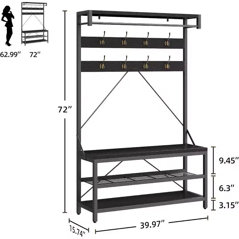 Appendiabiti Panca Scarpiera 183 cm di Altezza, Scarpiera da Ingresso con Scaffale Contenitore e Ganci, Mobiletto Industriale Rimovibile con Cornice in Metallo per la Casa