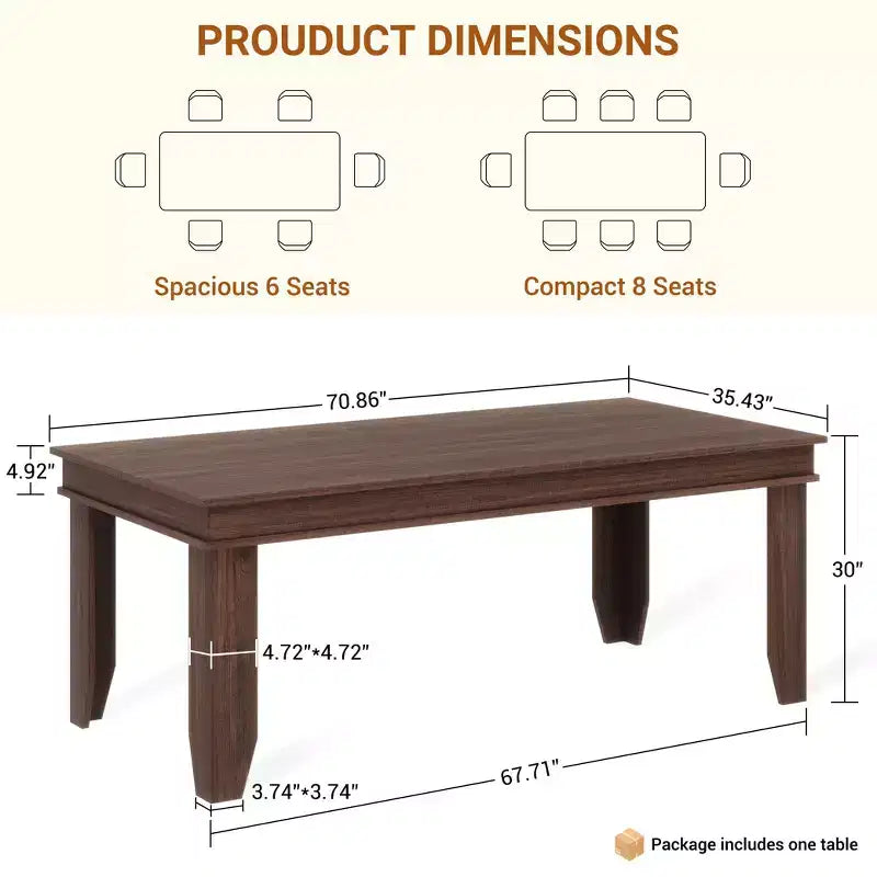 Dining Table for 6-8 People, 71 Long Brown Kitchen Tables with Wooden Sturdy Frame, 6 Ft Large Rectangular Dinner Table for Living Room Dining Room
