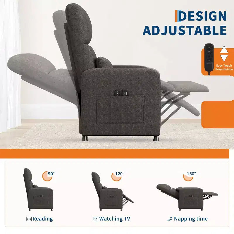 Power Recliner Chair with Heat & Massage, Electric Lift Recliner with Padded Seat & 2 Side Pockets, Single Sofa Seat for Living Room, Bedroom
