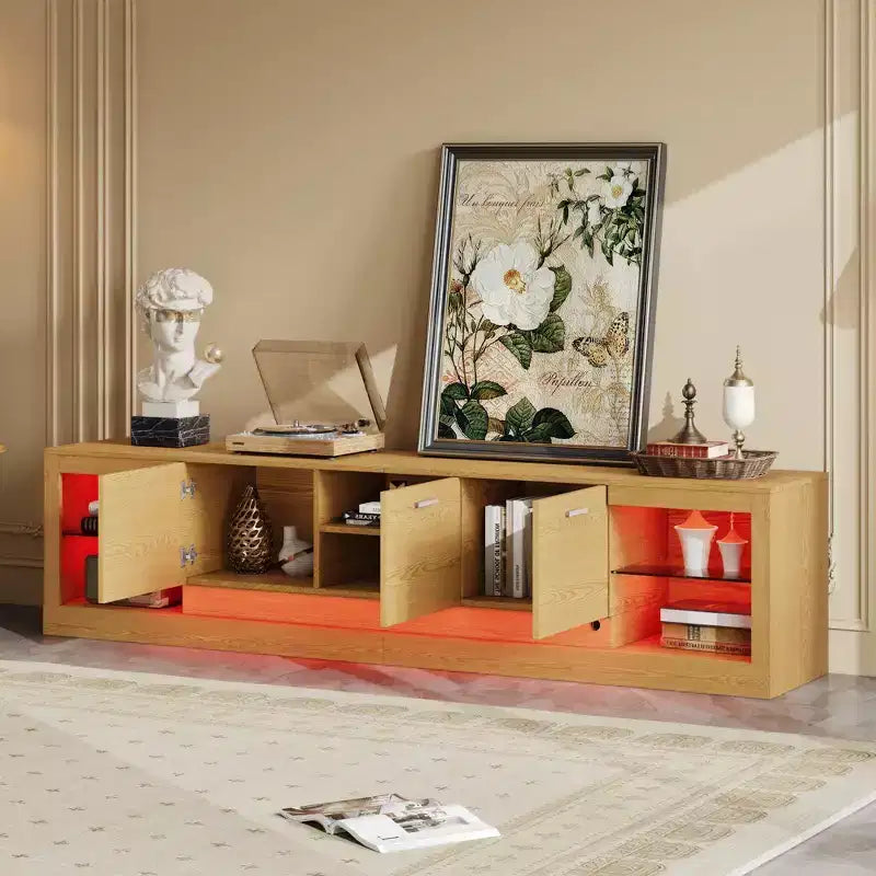 LED TV Stand for TVs up to 90, Modern TV Console Media Console Entertainment Center with Glass Shelves, Natural - ModernLuxe