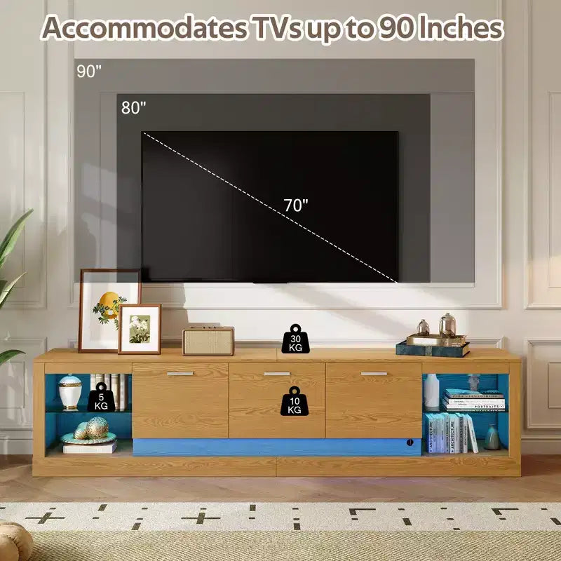 LED TV Stand for TVs up to 90, Modern TV Console Media Console Entertainment Center with Glass Shelves, Natural - ModernLuxe
