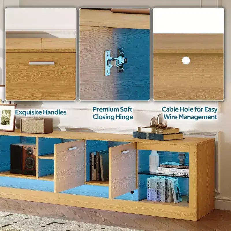 LED TV Stand for TVs up to 90, Modern TV Console Media Console Entertainment Center with Glass Shelves, Natural - ModernLuxe