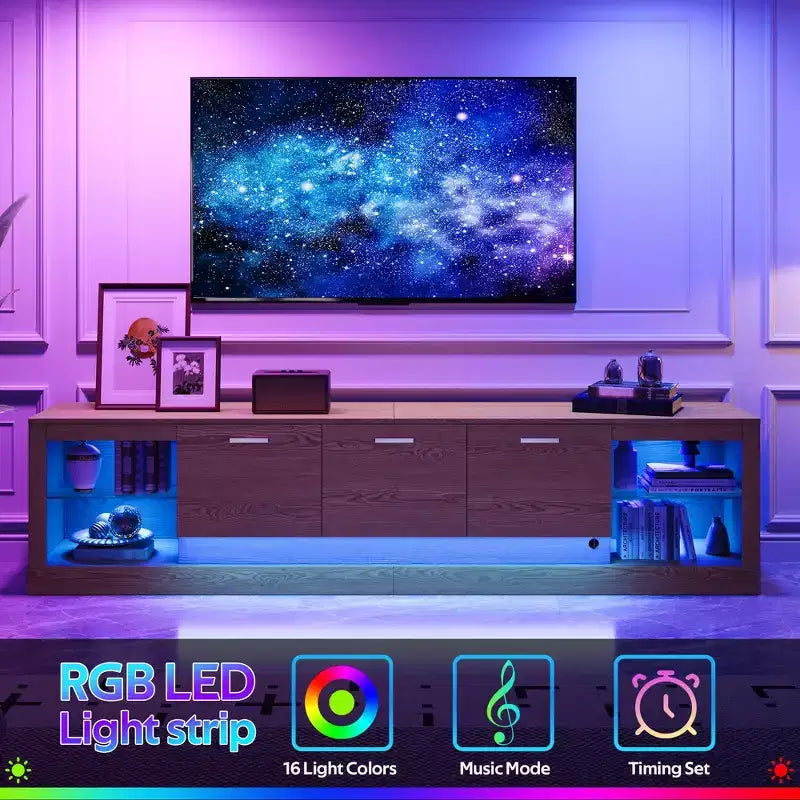 LED TV Stand for TVs up to 90, Modern TV Console Media Console Entertainment Center with Glass Shelves, Natural - ModernLuxe