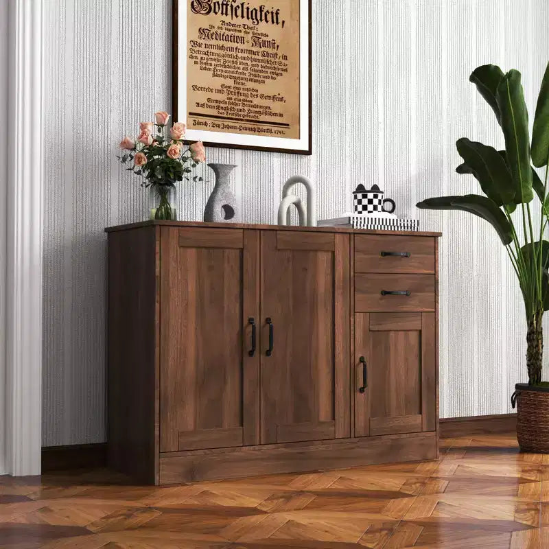 Credenza Moderna Okak, Mobile Buffet con 3 Ante e 2 Cassetti, Mobile Contenitore per Soggiorno, Sala da Pranzo, Cucina