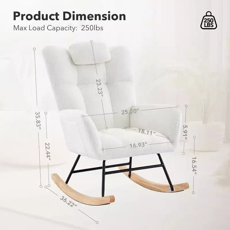 Acekool Nursery Rocking Chair, 300lb Glider with Wood Legs & Side Pockets, Teddy Upholstered Glider for Nursery