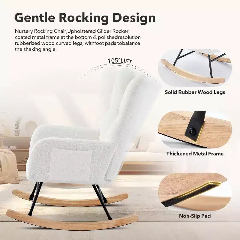 Acekool Nursery Rocking Chair, 300lb Glider with Wood Legs & Side Pockets, Teddy Upholstered Glider for Nursery