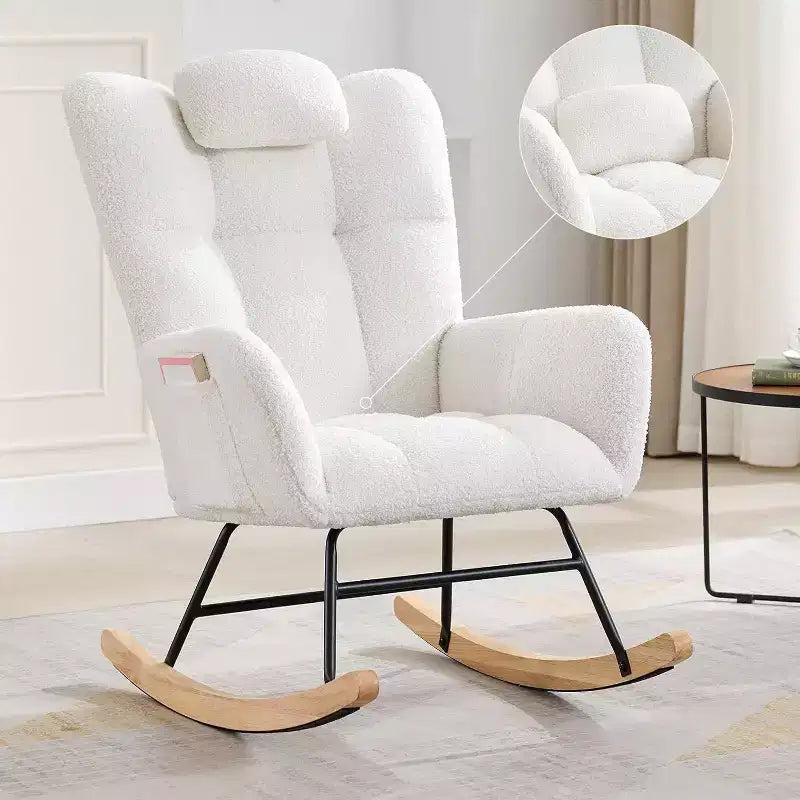 Acekool Nursery Rocking Chair, 300lb Glider with Wood Legs & Side Pockets, Teddy Upholstered Glider for Nursery