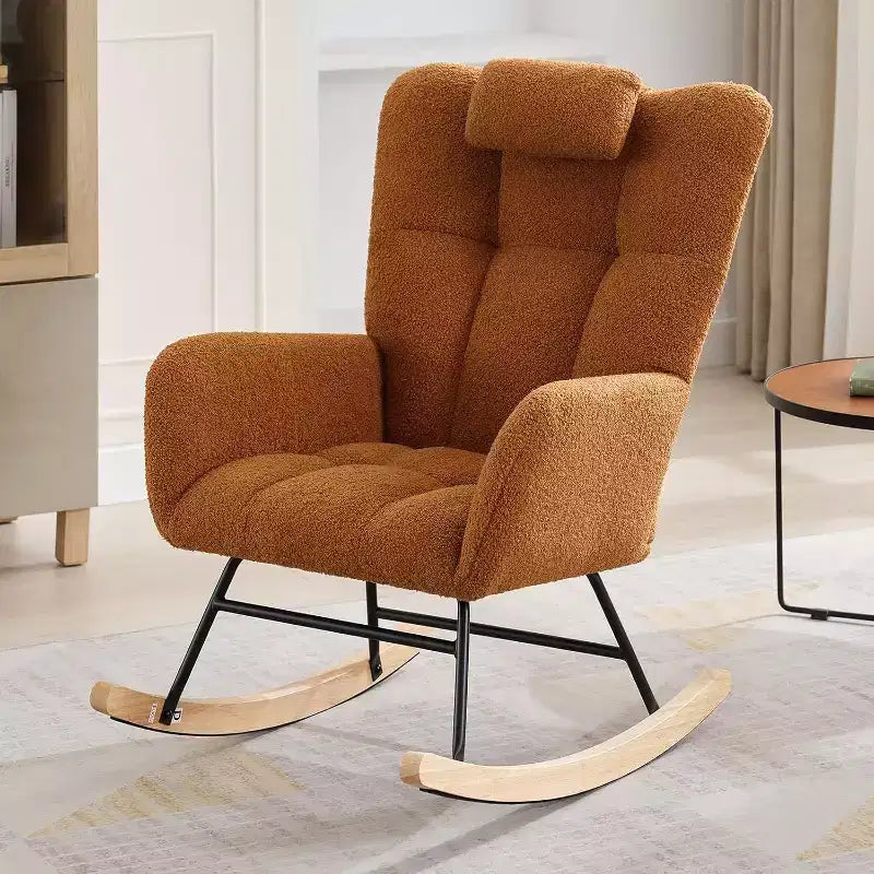 Acekool Nursery Rocking Chair, 300lb Glider with Wood Legs & Side Pockets, Teddy Upholstered Glider for Nursery