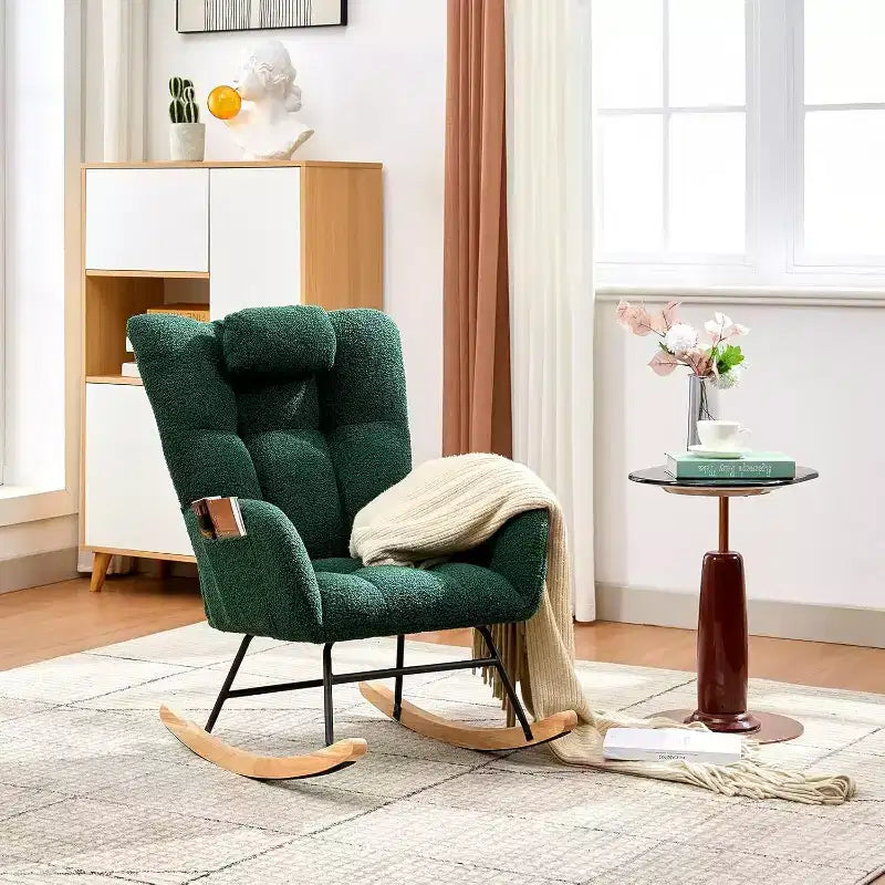 Acekool Nursery Rocking Chair, 300lb Glider with Wood Legs & Side Pockets, Teddy Upholstered Glider for Nursery