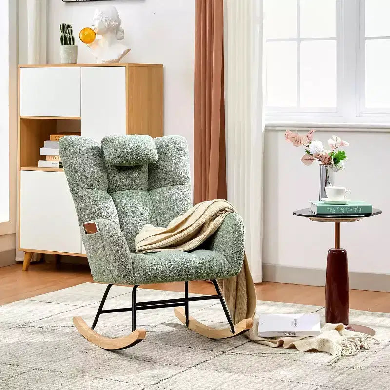 Acekool Nursery Rocking Chair, 300lb Glider with Wood Legs & Side Pockets, Teddy Upholstered Glider for Nursery