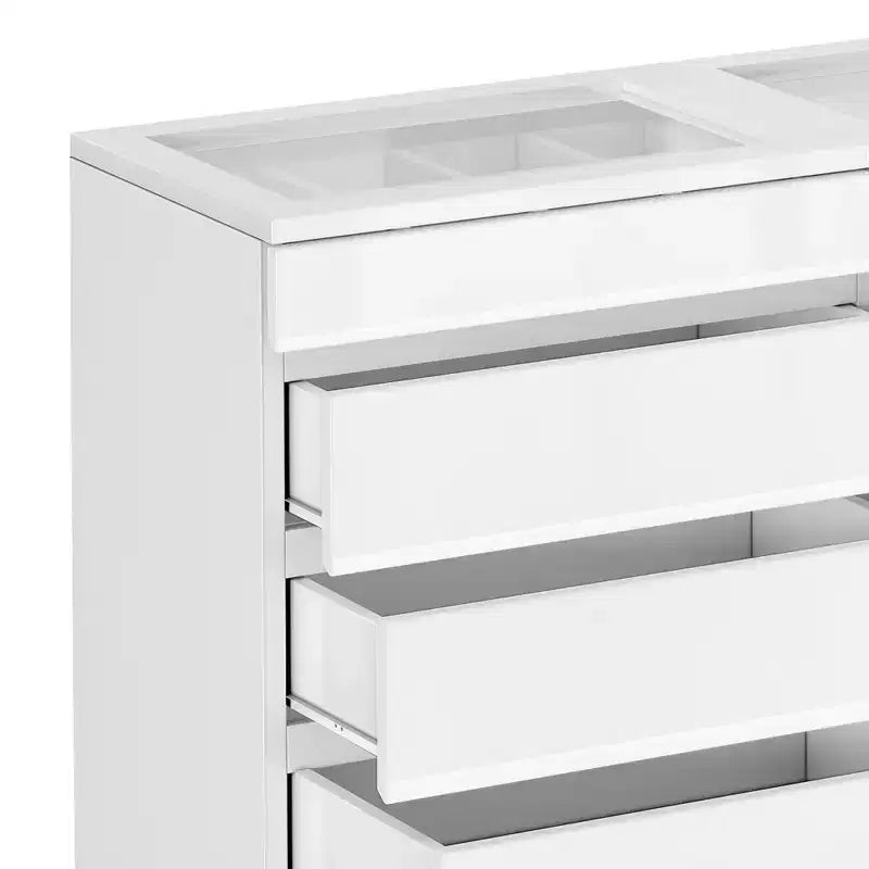 Cassettiera moderna a 8 cassetti, bianca e nera, con cassetti profondi, piano in vetro, superficie lucida, mobile contenitore per soggiorno