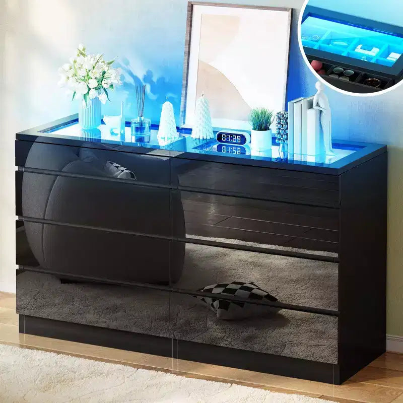 Modern 8 Drawer Dresser White Black Dresser with Deep Drawers Glass Top High Gloss Surface Storage Organizer Cabinet for Living Room