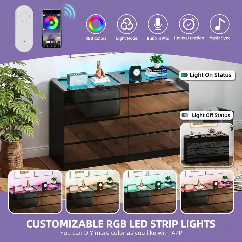 Modern 8 Drawer Dresser White Black Dresser with Deep Drawers Glass Top High Gloss Surface Storage Organizer Cabinet for Living Room