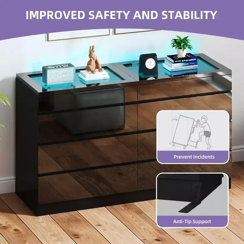 Modern 8 Drawer Dresser White Black Dresser with Deep Drawers Glass Top High Gloss Surface Storage Organizer Cabinet for Living Room