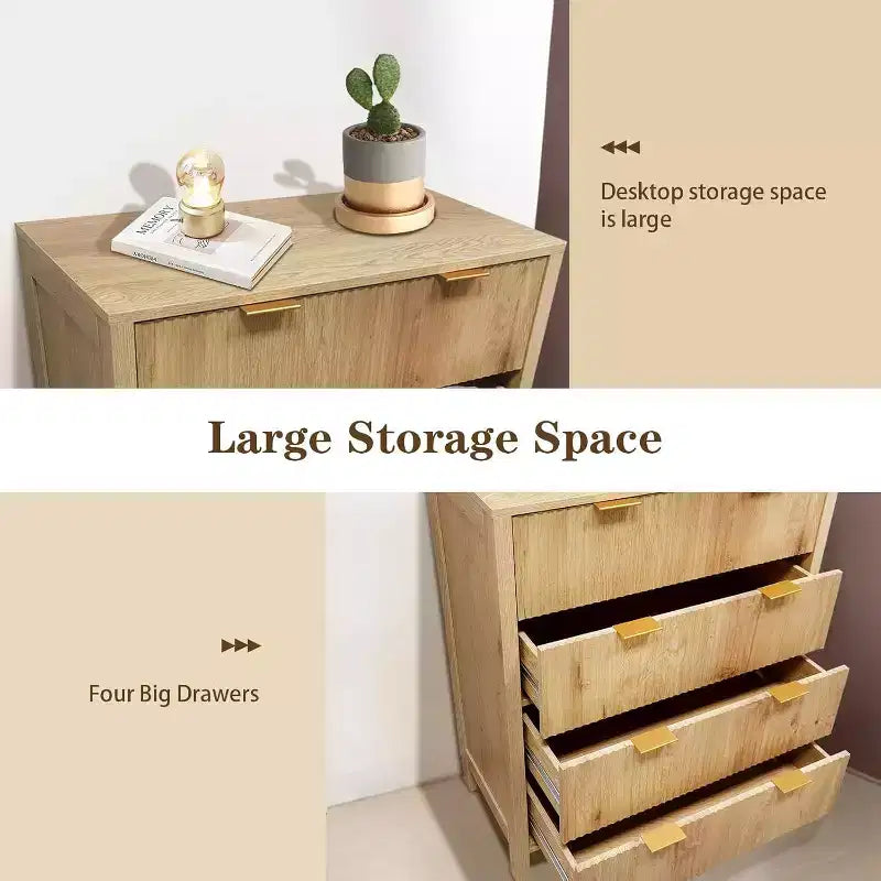 Cassettiera in legno con pannello fluted Waveform e 4 cassetti, comò moderno per camera da letto, soggiorno, cameretta e ingresso