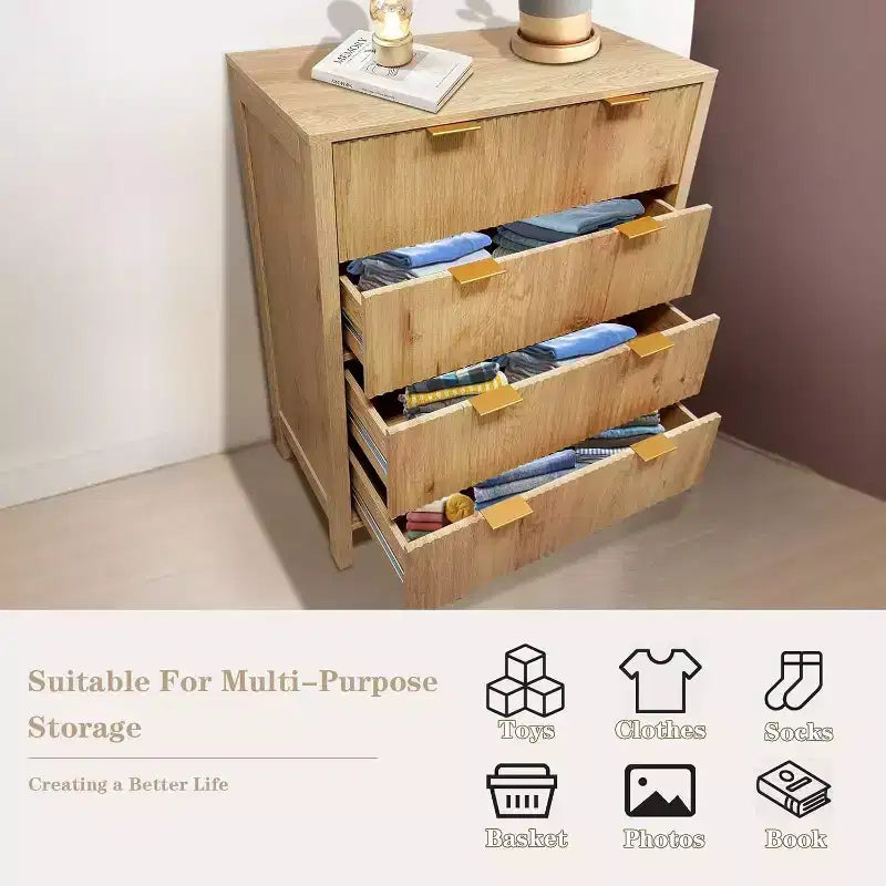 Cassettiera in legno con pannello fluted Waveform e 4 cassetti, comò moderno per camera da letto, soggiorno, cameretta e ingresso