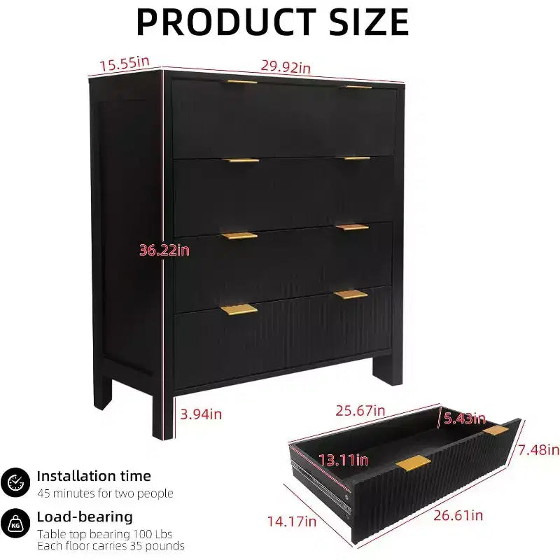 Waveform Fluted Panel Wood Dresser with 4 Storage Drawers, Modern Chest of Drawers for Bedroom, Living Room, Nursery and Hallway