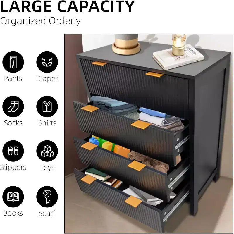 Waveform Fluted Panel Wood Dresser with 4 Storage Drawers, Modern Chest of Drawers for Bedroom, Living Room, Nursery and Hallway