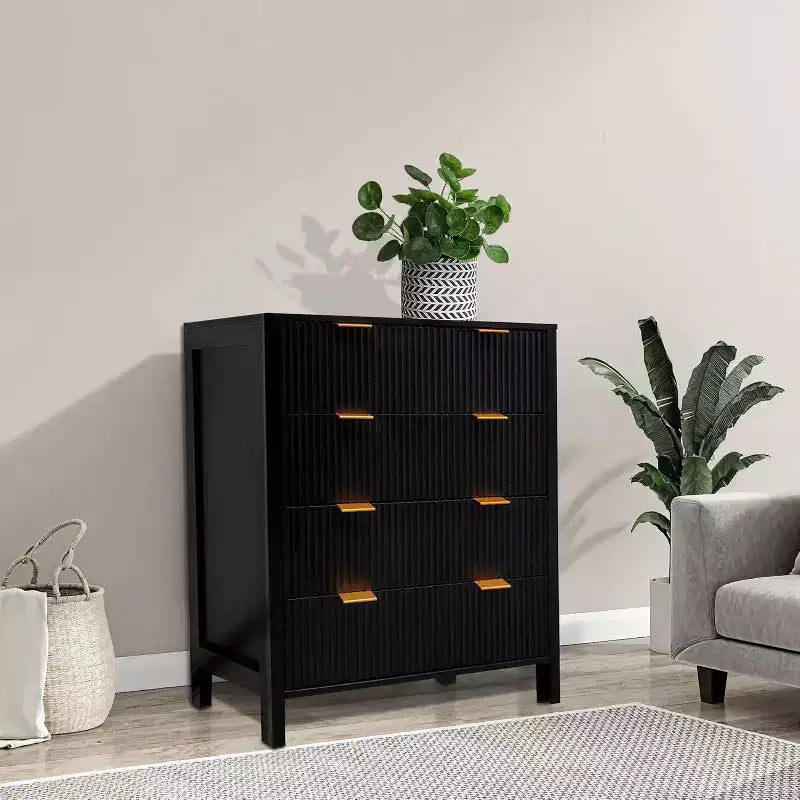 Waveform Fluted Panel Wood Dresser with 4 Storage Drawers, Modern Chest of Drawers for Bedroom, Living Room, Nursery and Hallway