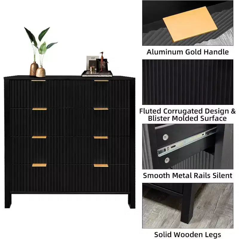 Waveform Fluted Panel Wood Dresser with 4 Storage Drawers, Modern Chest of Drawers for Bedroom, Living Room, Nursery and Hallway