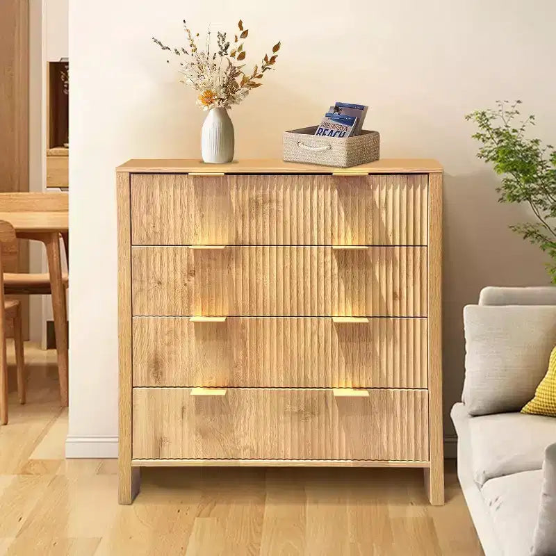 Waveform Fluted Panel Wood Dresser with 4 Storage Drawers, Modern Chest of Drawers for Bedroom, Living Room, Nursery and Hallway