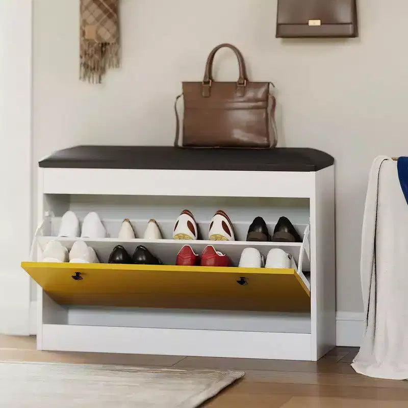 31.5 inch Shoe Storage Bench with Flip Drawer and PU Cushion, Entryway Shoe Organizer Cabinet for Hallway, Bedroom, Living Room