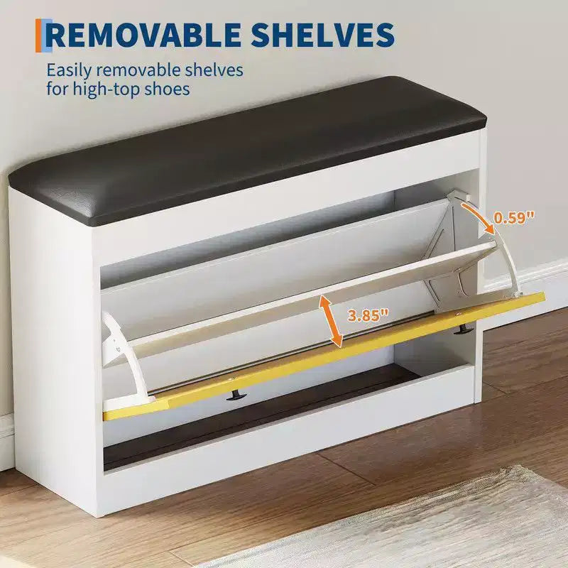 31.5 inch Shoe Storage Bench with Flip Drawer and PU Cushion, Entryway Shoe Organizer Cabinet for Hallway, Bedroom, Living Room