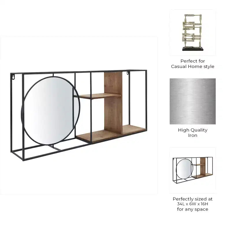 Mensola a Muro con Specchio, Mensola Sospesa Industriale in Metallo e Legno, Decorazione Moderna per Camera da Letto, Soggiorno, Ufficio