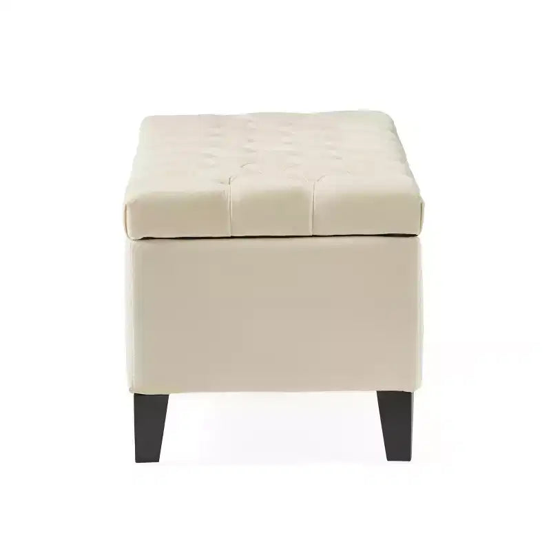 Pouf quadrato EHMKNP, contemporaneo, con bottoni capitonné e cuciture a rombo, in tessuto beige, 51.57