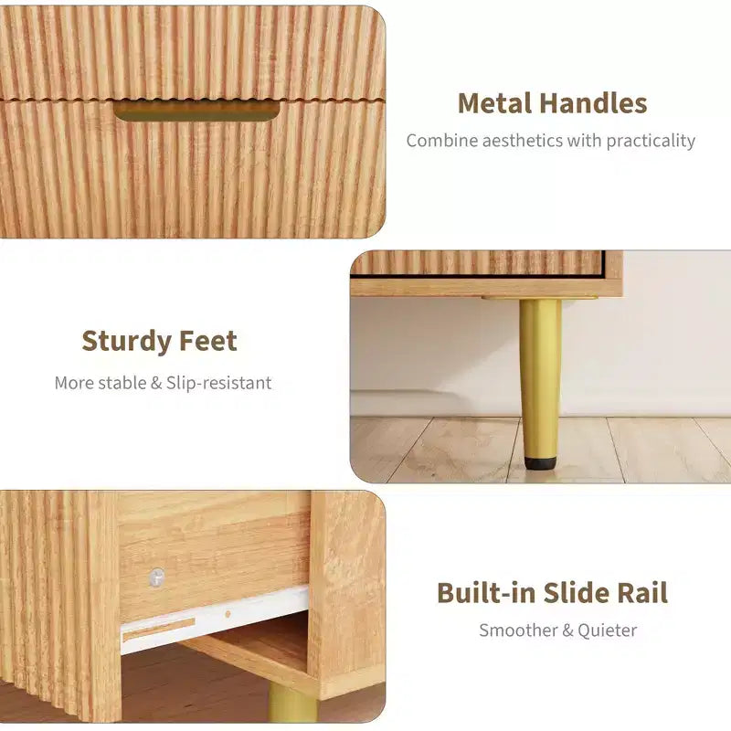 GustoWave Cassettiera scanalata per camera da letto con 5 cassetti, cassettiera in legno con maniglie e piedi in metallo, cassettiera naturale per soggiorno, camera da letto