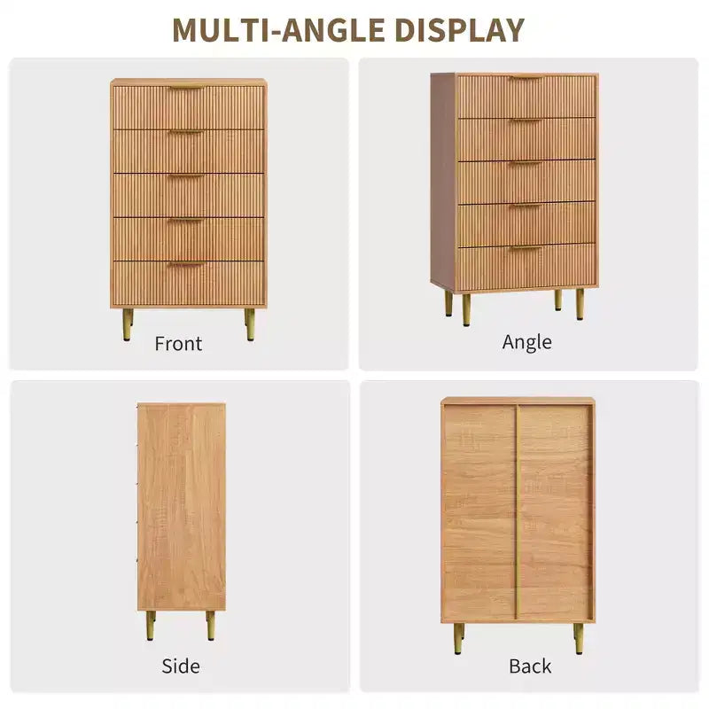 GustoWave Cassettiera scanalata per camera da letto con 5 cassetti, cassettiera in legno con maniglie e piedi in metallo, cassettiera naturale per soggiorno, camera da letto