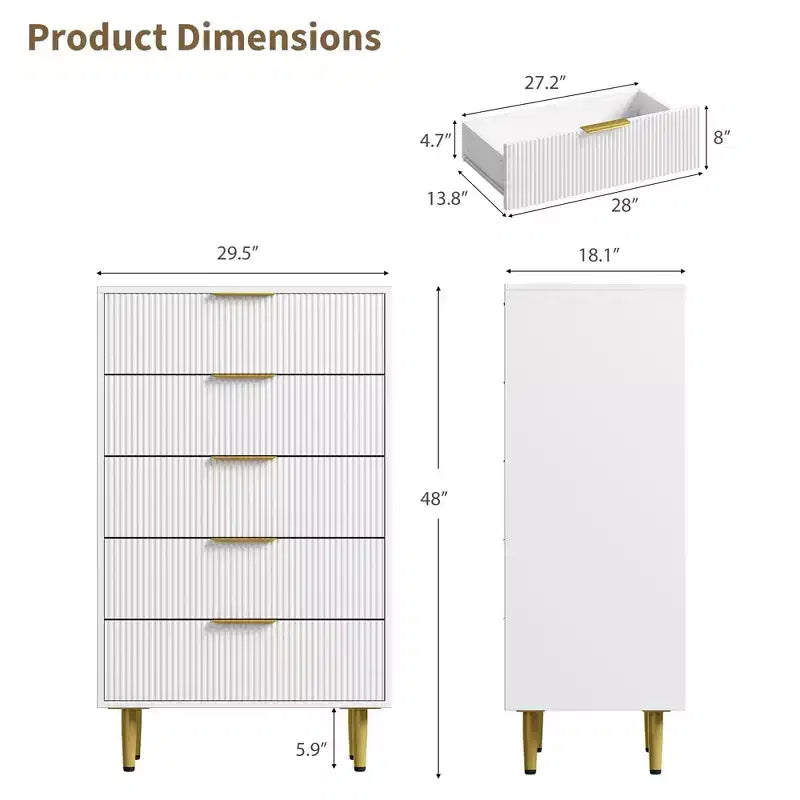 GustoWave Cassettiera scanalata per camera da letto con 5 cassetti, cassettiera in legno con maniglie e piedi in metallo, cassettiera naturale per soggiorno, camera da letto
