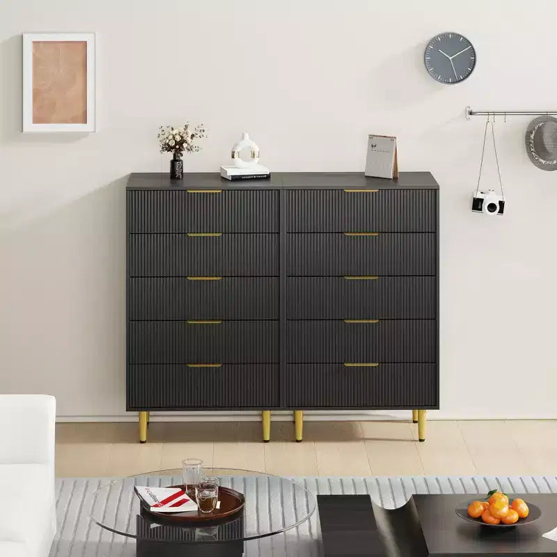 GustoWave Fluted Dresser for Bedroom with 5 Drawers, Wooden Chest of Drawers with Metal Handle & Feet, Natural Dresser for Living Room, Bedroom