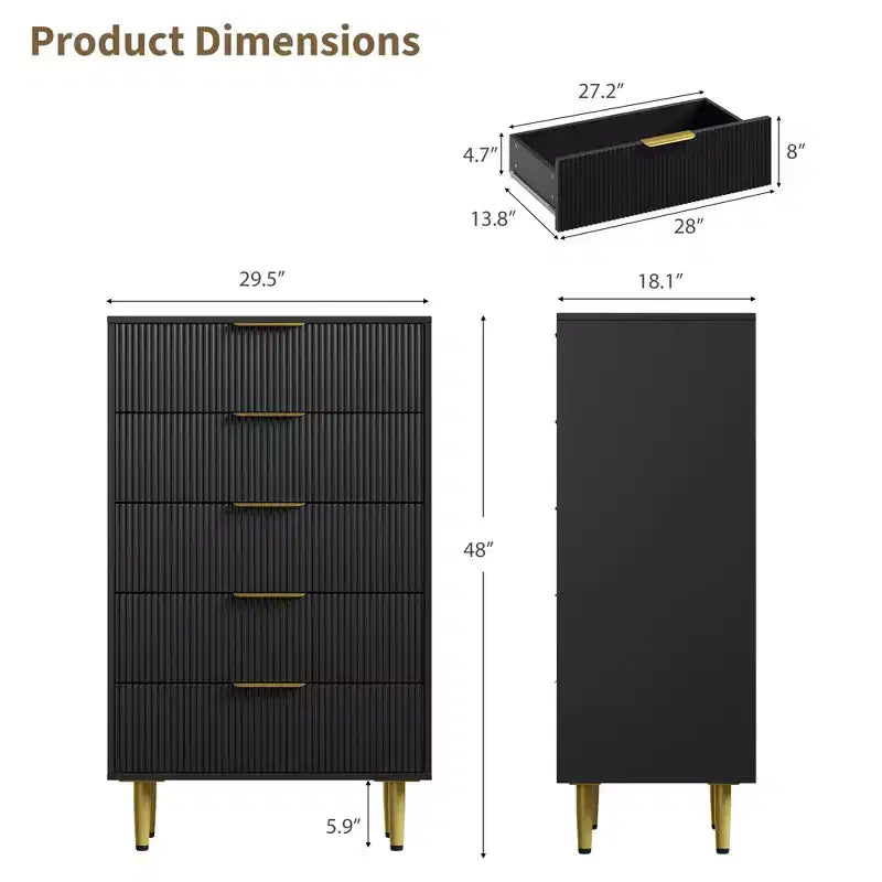 GustoWave Fluted Dresser for Bedroom with 5 Drawers, Wooden Chest of Drawers with Metal Handle & Feet, Natural Dresser for Living Room, Bedroom