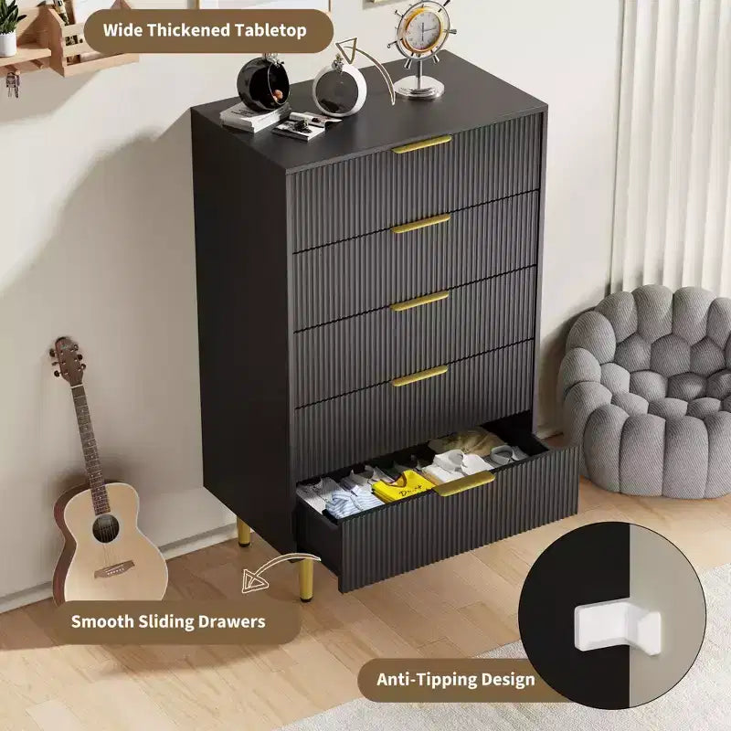 GustoWave Fluted Dresser for Bedroom with 5 Drawers, Wooden Chest of Drawers with Metal Handle & Feet, Natural Dresser for Living Room, Bedroom