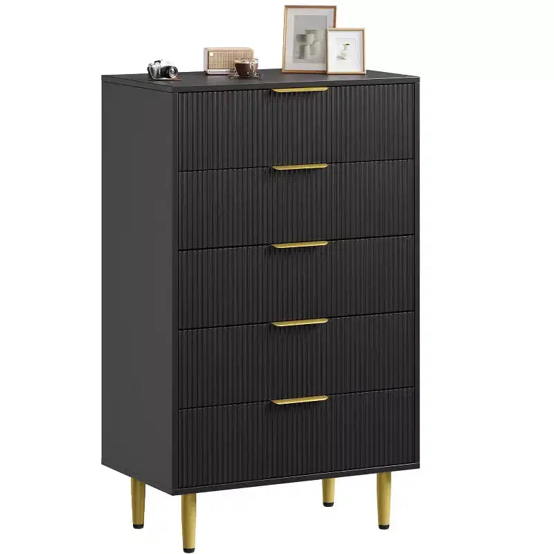 GustoWave Fluted Dresser for Bedroom with 5 Drawers, Wooden Chest of Drawers with Metal Handle & Feet, Natural Dresser for Living Room, Bedroom