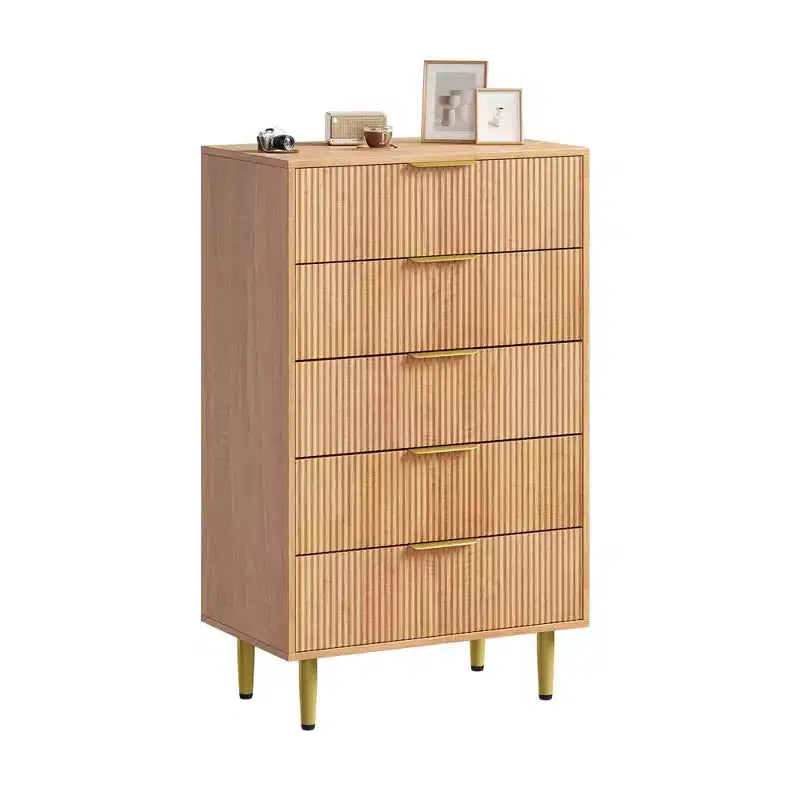 GustoWave Fluted Dresser for Bedroom with 5 Drawers, Wooden Chest of Drawers with Metal Handle & Feet, Natural Dresser for Living Room, Bedroom