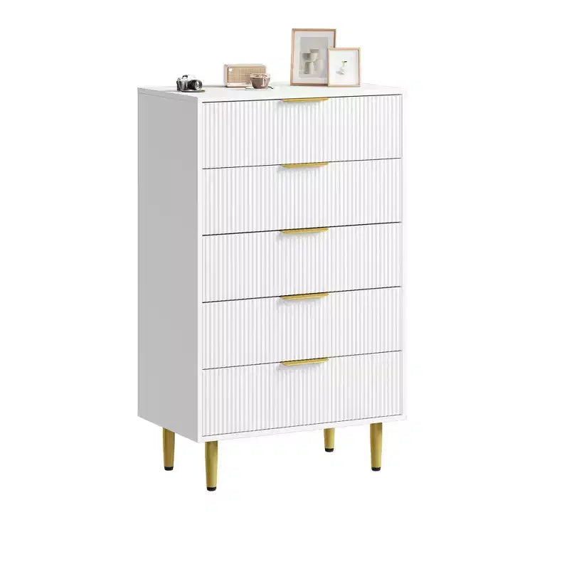 GustoWave Fluted Dresser for Bedroom with 5 Drawers, Wooden Chest of Drawers with Metal Handle & Feet, Natural Dresser for Living Room, Bedroom