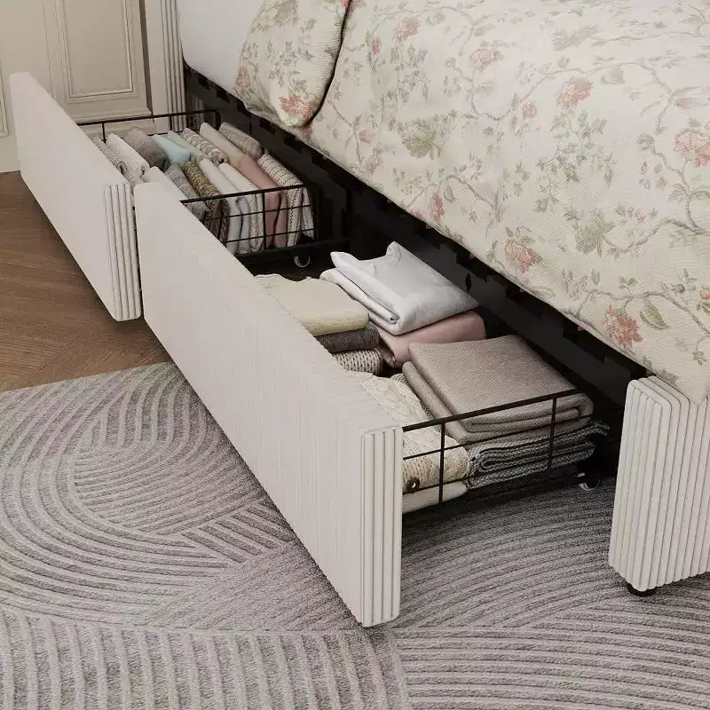 Acekool Corduroy Upholstered Storage Bed with Drawers, Modern Platform Bed Frame