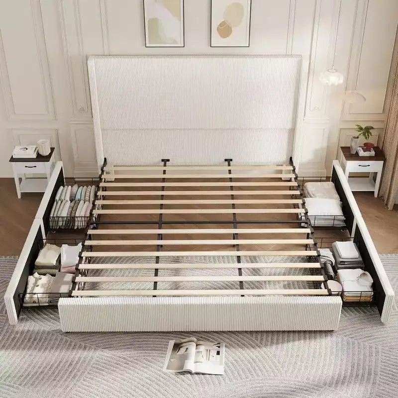 Acekool Corduroy Upholstered Storage Bed with Drawers, Modern Platform Bed Frame
