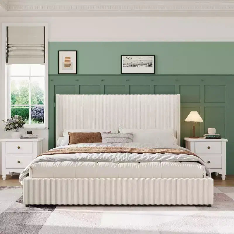 Acekool Corduroy Upholstered Storage Bed with Drawers, Modern Platform Bed Frame
