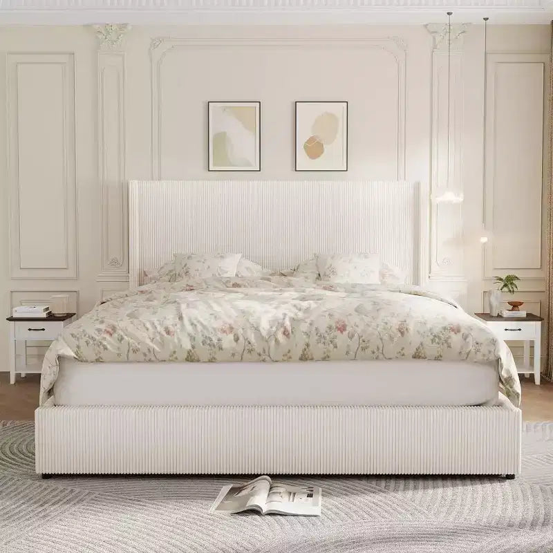 Acekool Corduroy Upholstered Storage Bed with Drawers, Modern Platform Bed Frame