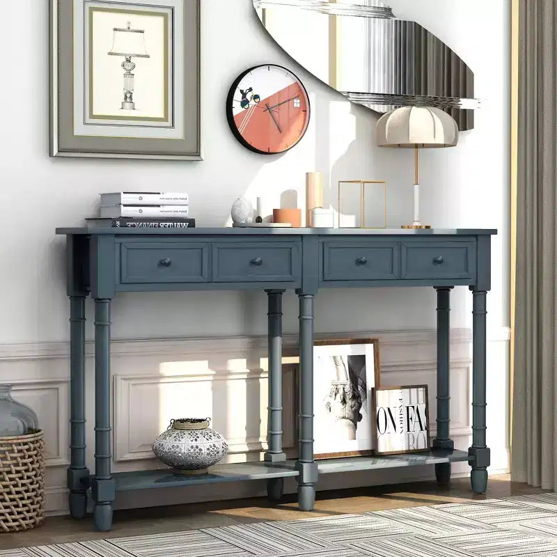 Okak 58IN Vintage Narrow Console Table, Entryway Table with Two Storage Drawers and Bottom Shelf, Accent Table for Living Room, Hallway